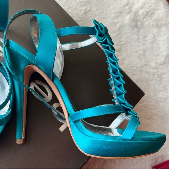 BEBE Jenny Turquoise Satin Bow Strap Heels - Picture 7 of 7
